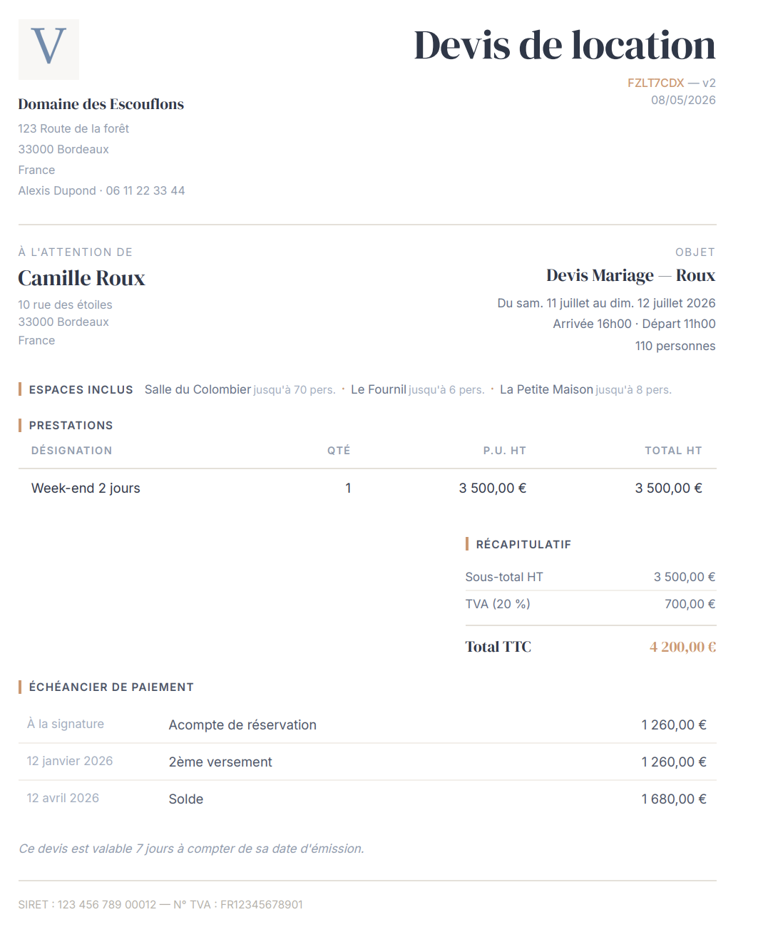 Contrat de location généré par Venly