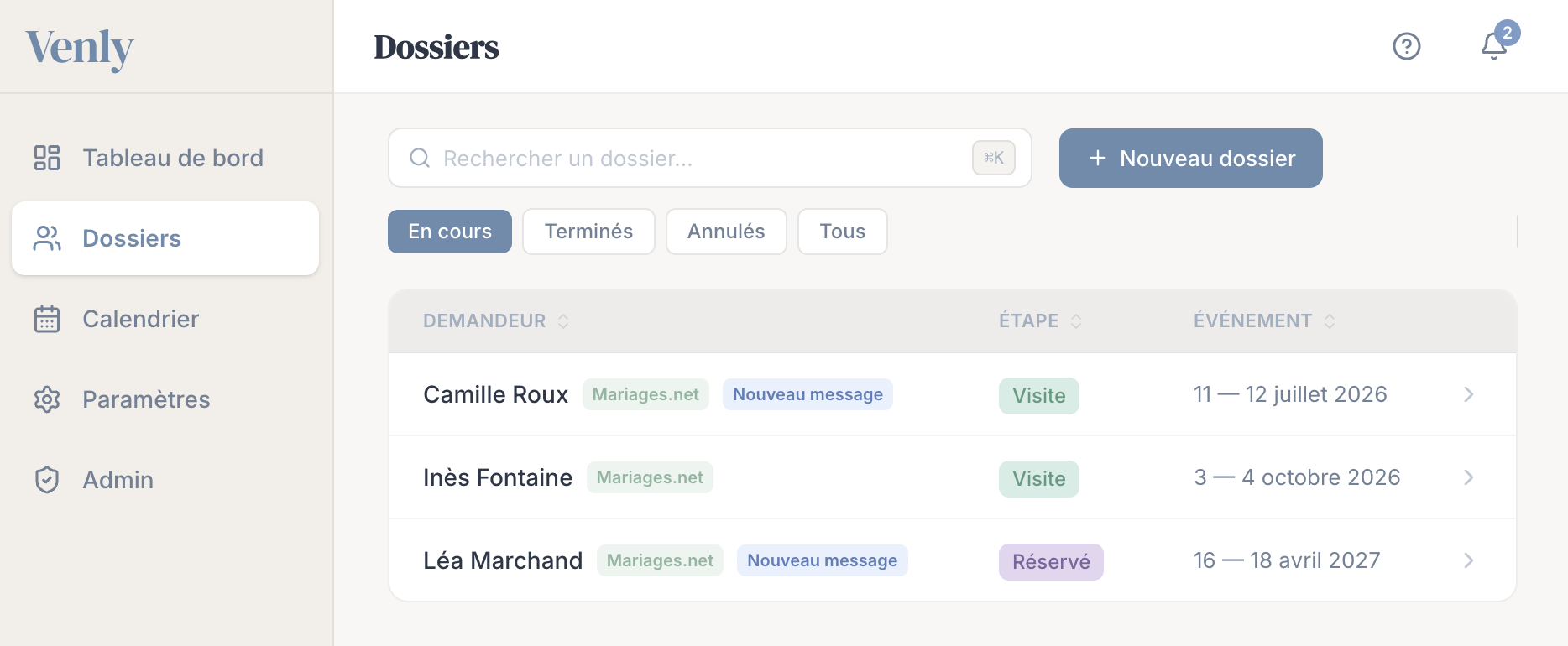 Liste des dossiers prospects dans Venly